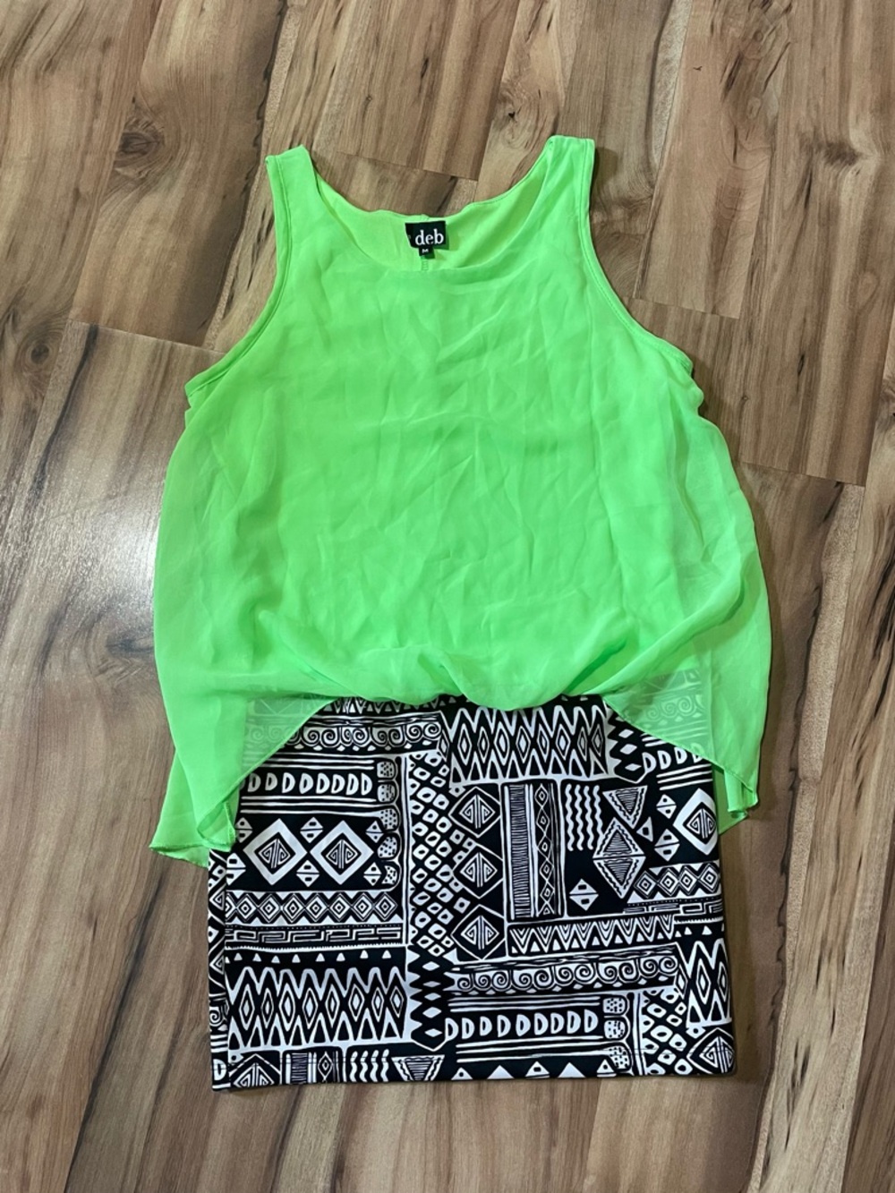 Deb Y2K Aesthetic Neon Green Chiffon Overlay Dress with Tribal Print Skirt Sz M